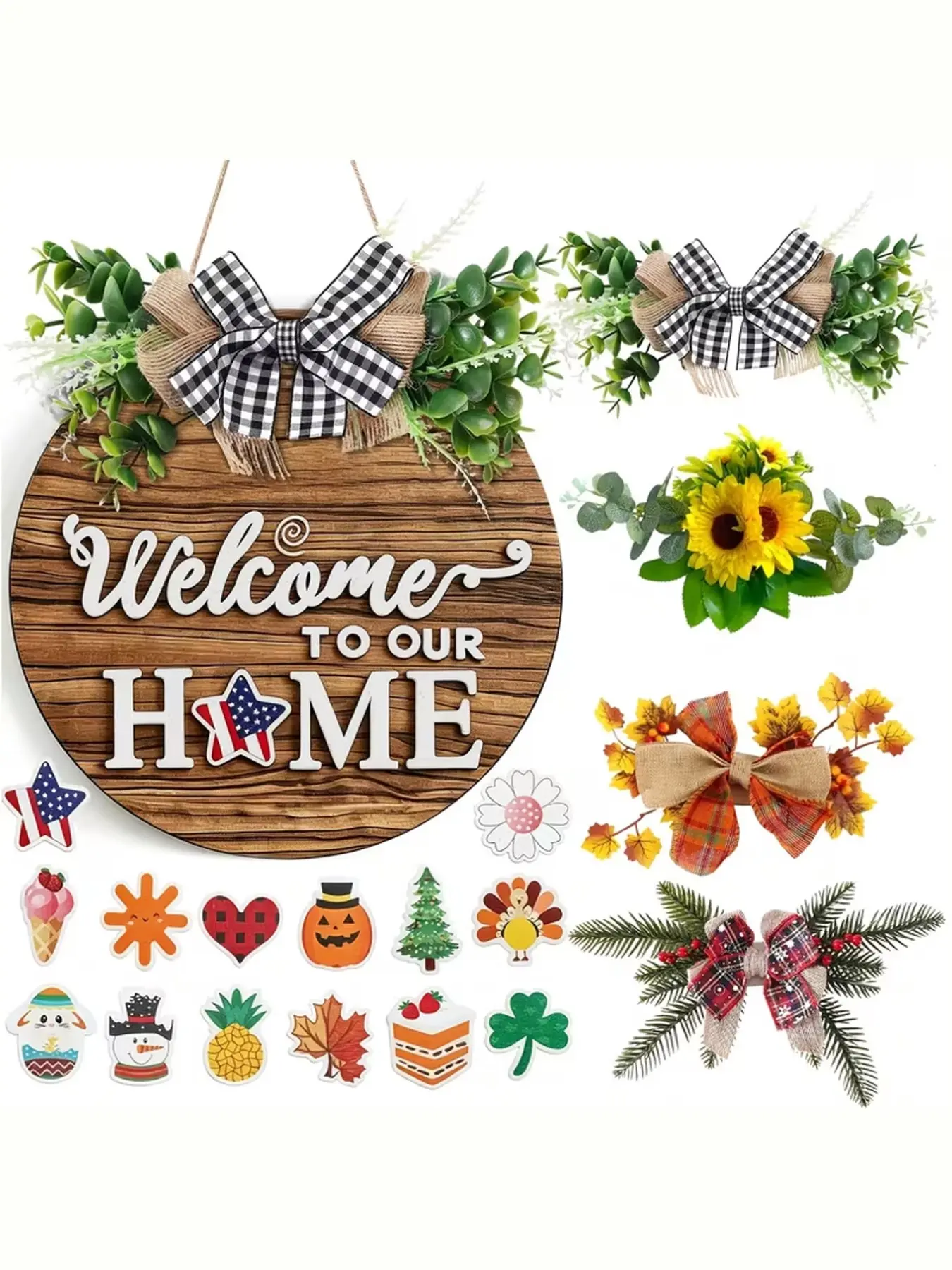 Interchangeable Seasonal Welcome Sign, Rustic Round Wooden Wreath, Outdoor Door Decor, Farmhouse Porch, Spring Summer Autumn, Holidays