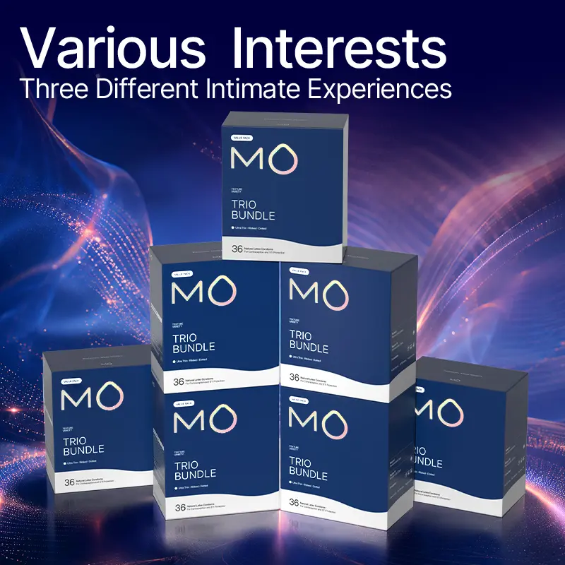 MO Trio Bundle Variety Pack Condoms for Men, Natural Latex Regular Fit, Soft Ultra-Thin - Ribbed - Dotted, pH Balanced, 36 Count for Enhanced Sexual Health Experience