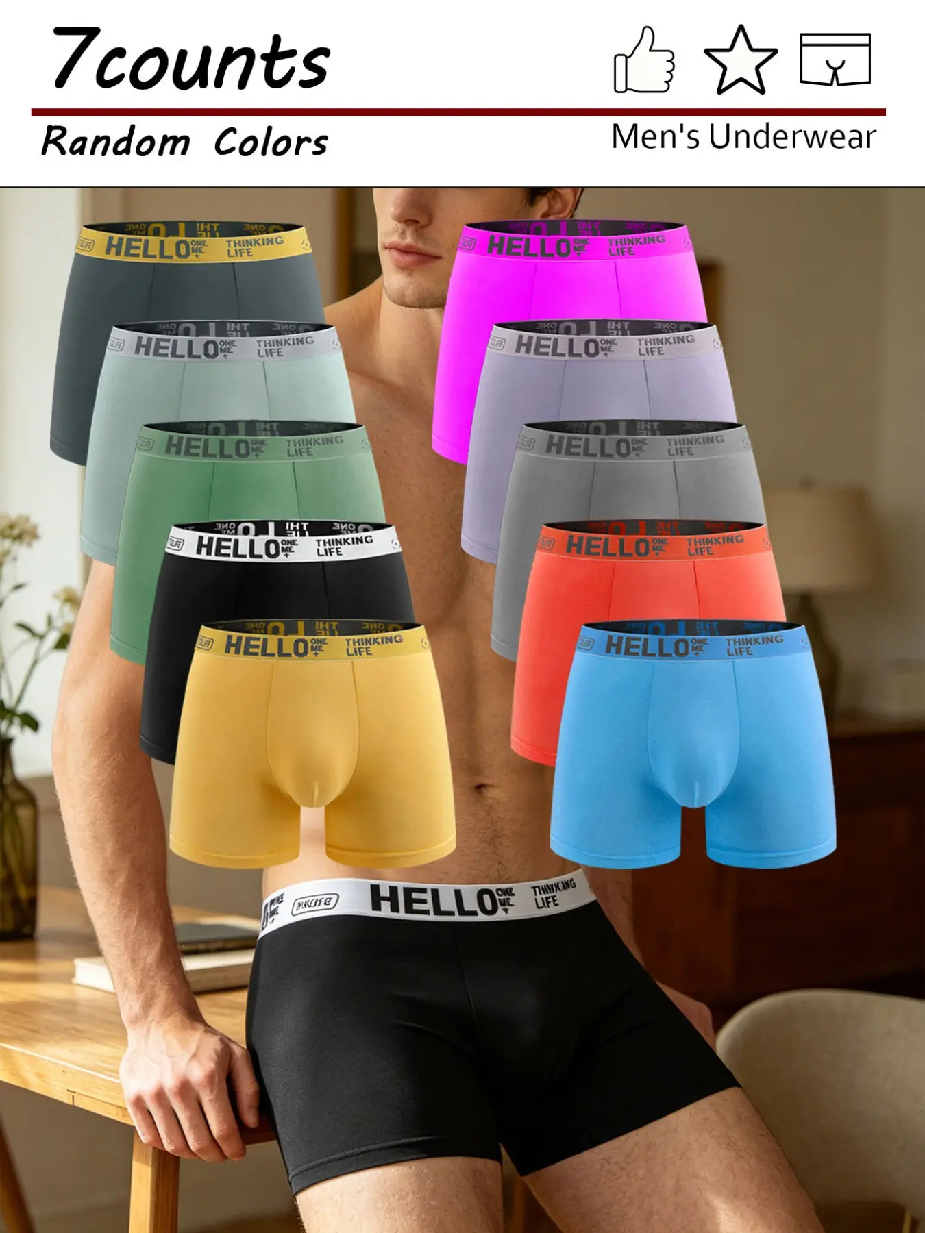 7-Pack Men's Boxer Briefs, Random Colors, Elastic Waistband, Anti-Roll Design, Comfortable Cotton Material, Ideal for Daily Wear