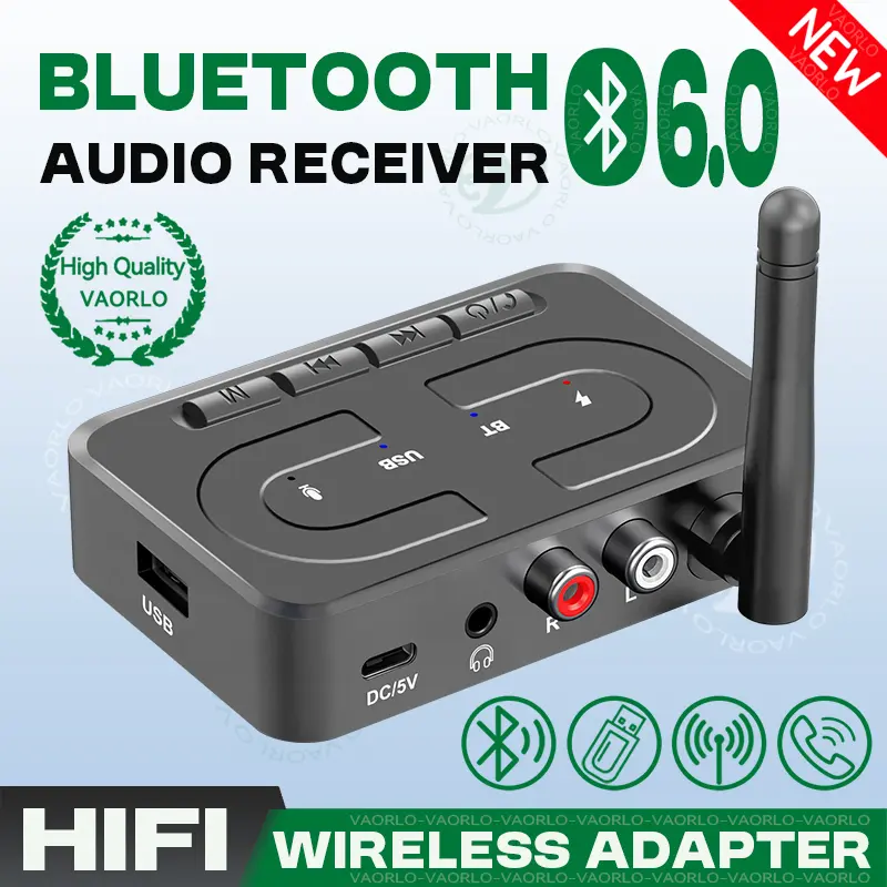 Wireless Hi-Fi Stereo Bluetooth 6.0 Audio Receiver with 3.5mm Jack, AUX/RCA Ports, Auxiliary Input, Plug-and-Play, USB/SD & Mic Support, USB U-Disk Compatibility for Car Speaker Amp