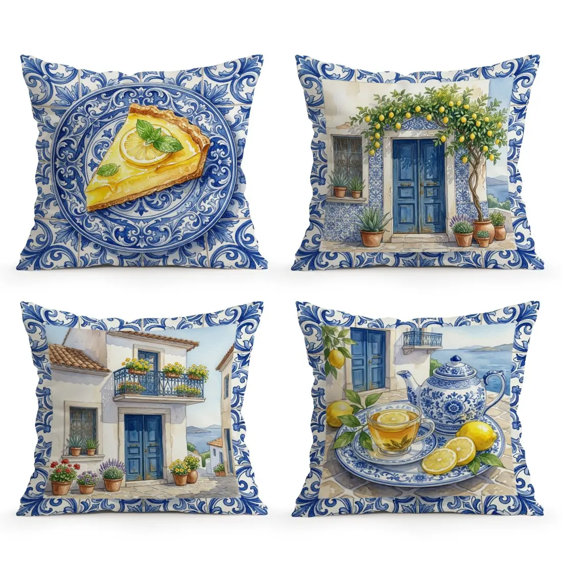 4pcs Bright Blue Floral Cushion Covers, Single Side Print, Home Decor for Living Room Bedroom, All Season Use, No Pillow Insert