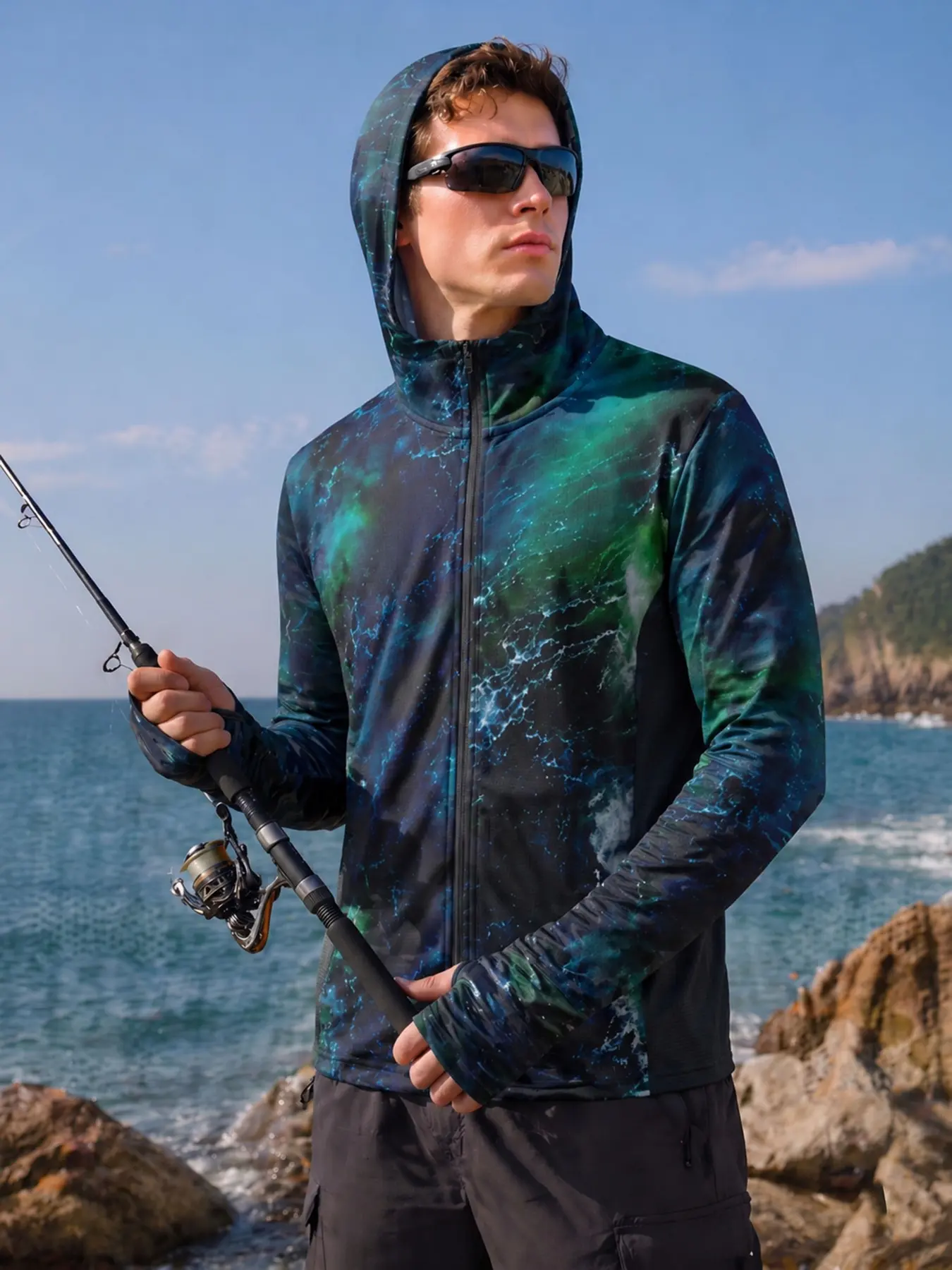 2026 Full-Zip Hooded Fishing Jacket, UV Protection, Gradient Blue Print, Comfortable for Deep Sea Fishing, Sun-Suits