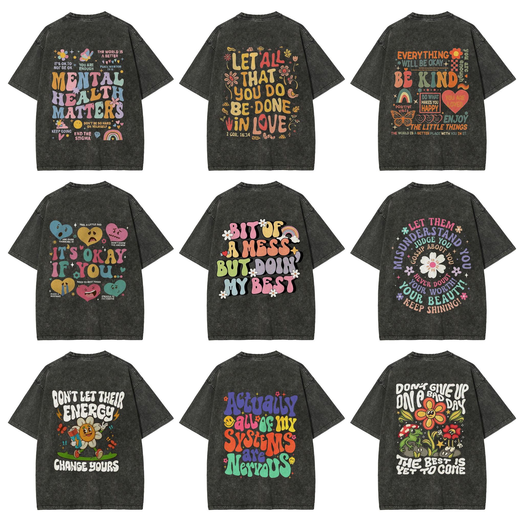Mental Health Washed T-Shirt, Vintage Positive Quote Graphic, Inspirational Floral Graphic Tee For Women, Soft Breathable Fabric, Fashion Streetwear, Outfits For All Seasons Mental Health Washed T-Shirt, Vintage Positive Quote Graphic, Inspirational Floral Graphic Tee For Women, Soft Breathable Fabric, Fashion Streetwear, Outfits For All Seasons