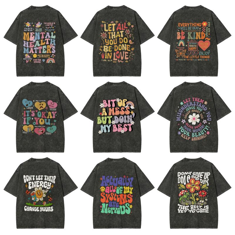 Mental Health Washed T-Shirt, Vintage Positive Quote Graphic, Inspirational Floral Graphic Tee For Women, Soft Breathable Fabric, Fashion Streetwear, Outfits For All Seasons