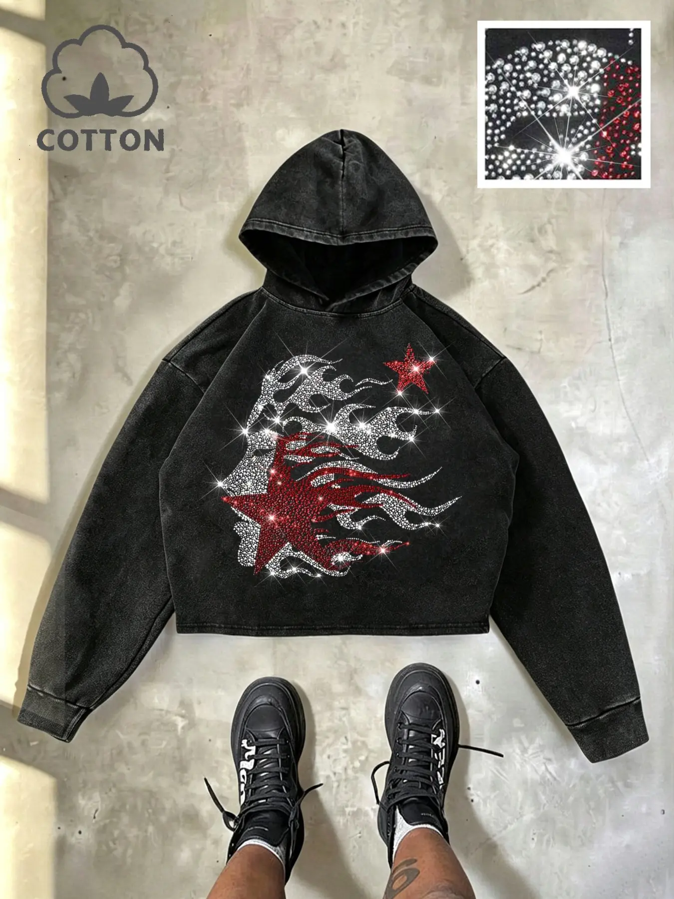 Vintage Faded Cotton Hoodie, Graphic, Flame Star Face Pattern Rhinestone, Comfortable Skin-Friendly Fabric, Spring & Fall Fashion Casual Top, Unisex, Everyday Hoodie