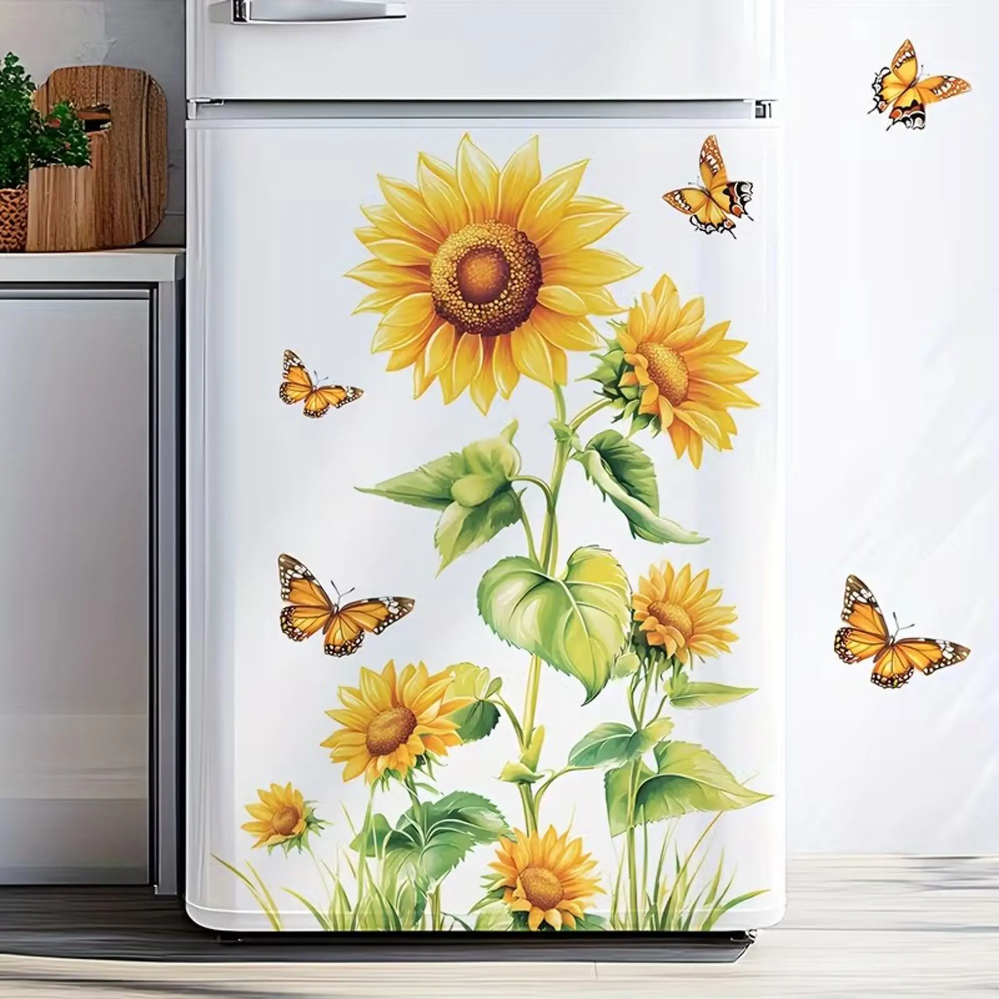 Sunflower Butterfly Refrigerator Decals, Removable Peel and Stick Vinyl Wall Decorative Stickers, DIY Floral Decor for Kitchen, 14.57 X 19.69in Sheet Size