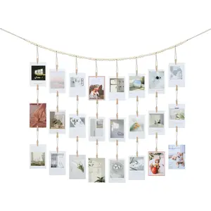 Hanging Photo Display with Clips Wall Decor, Boho Wooden Beads Garland Picture Banner, Collage Card Kids Art Holder Photo String with 28 Clips for Room Dorm Decor, Christmas Teen Girl Gifts