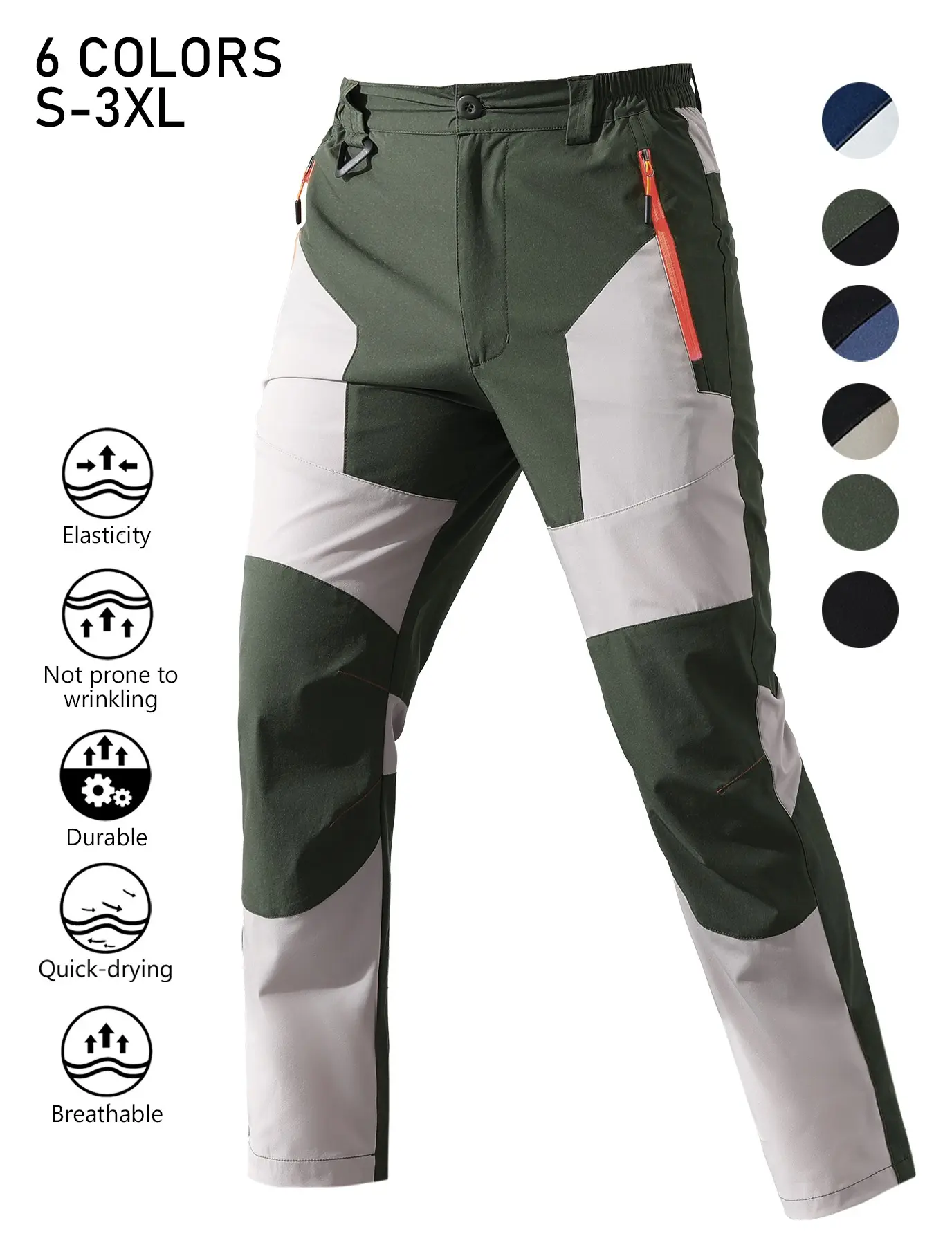 Men's Color Block Quick Dry Hiking Pants, Elastic Waist Breathable Stretch Outdoor Trekking Trousers, Wrinkle Resistant Durable Straight Pants with Zipper Pockets for Mountaineering Cycling Fishing Summer Sports Daily Wear, 6 Colors Available Sizes S-3XL