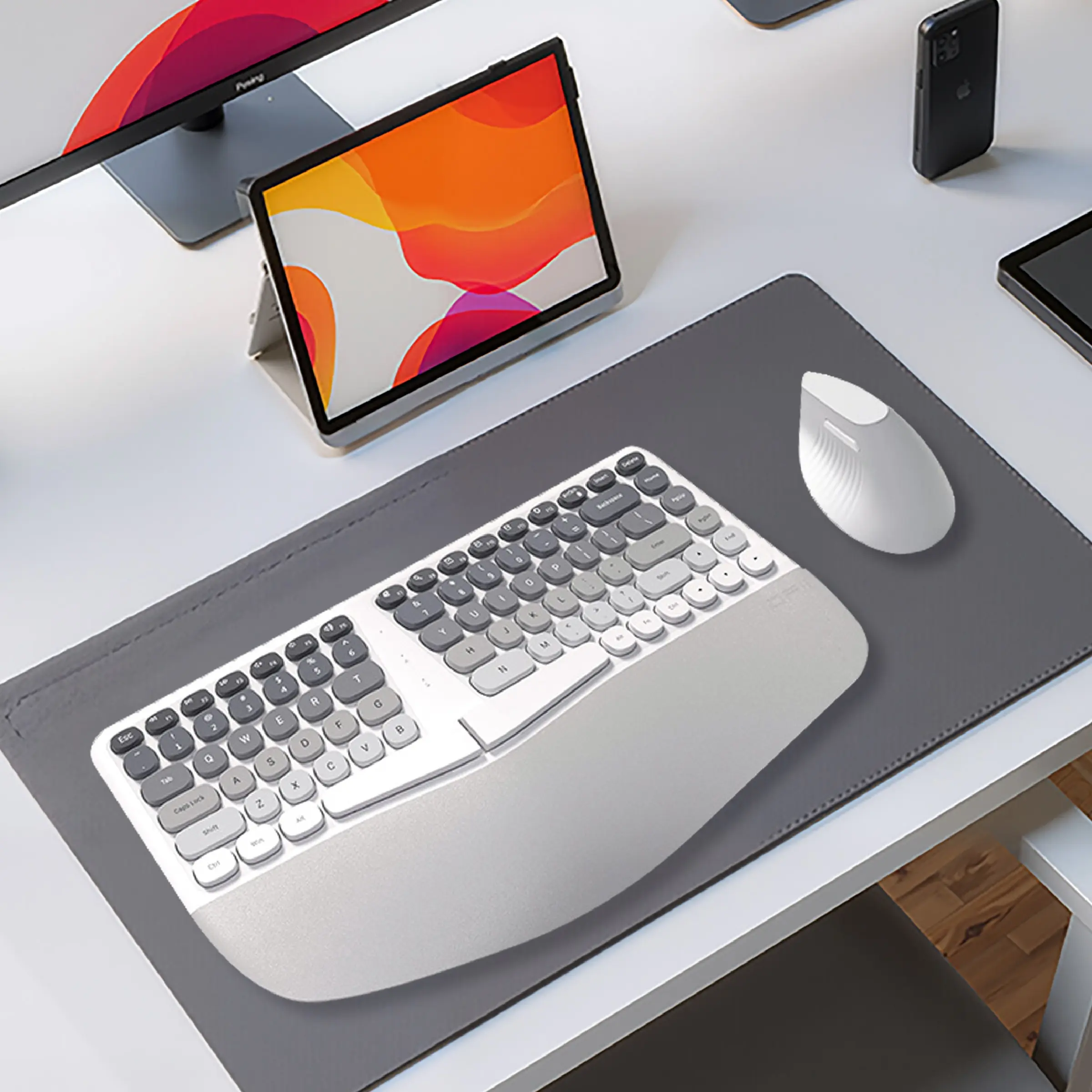 MOFii BOMI Gray‑White Ergonomic Wireless Keyboard Mouse Combo, Split Curved Keyboard with Leather Wrist Rest, Vertical Wrist‑Relief Mouse for Office, Works for Laptop & Desktop PC