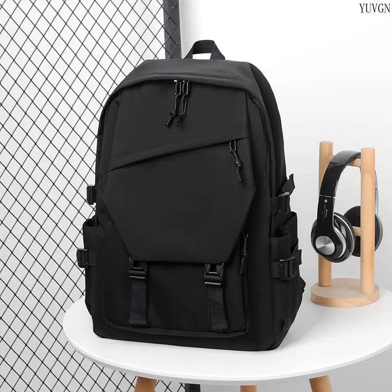 Classic Black Youth Polyester Utility Backpack - Adjustable Shoulder Strap, Multi-Pocket Buckle Decor, Water-Resistant High-Capacity Laptop Rucksack for School, Travel & Daily Commute Basketball Equipment Bag