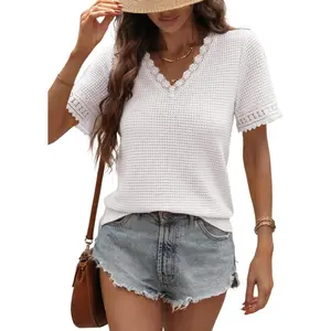 Women's Casual V Neck Short Sleeve Waffle Knit Lace Patchwork Shirts Summer Loose Basic Tunic Tops Tee Blouses