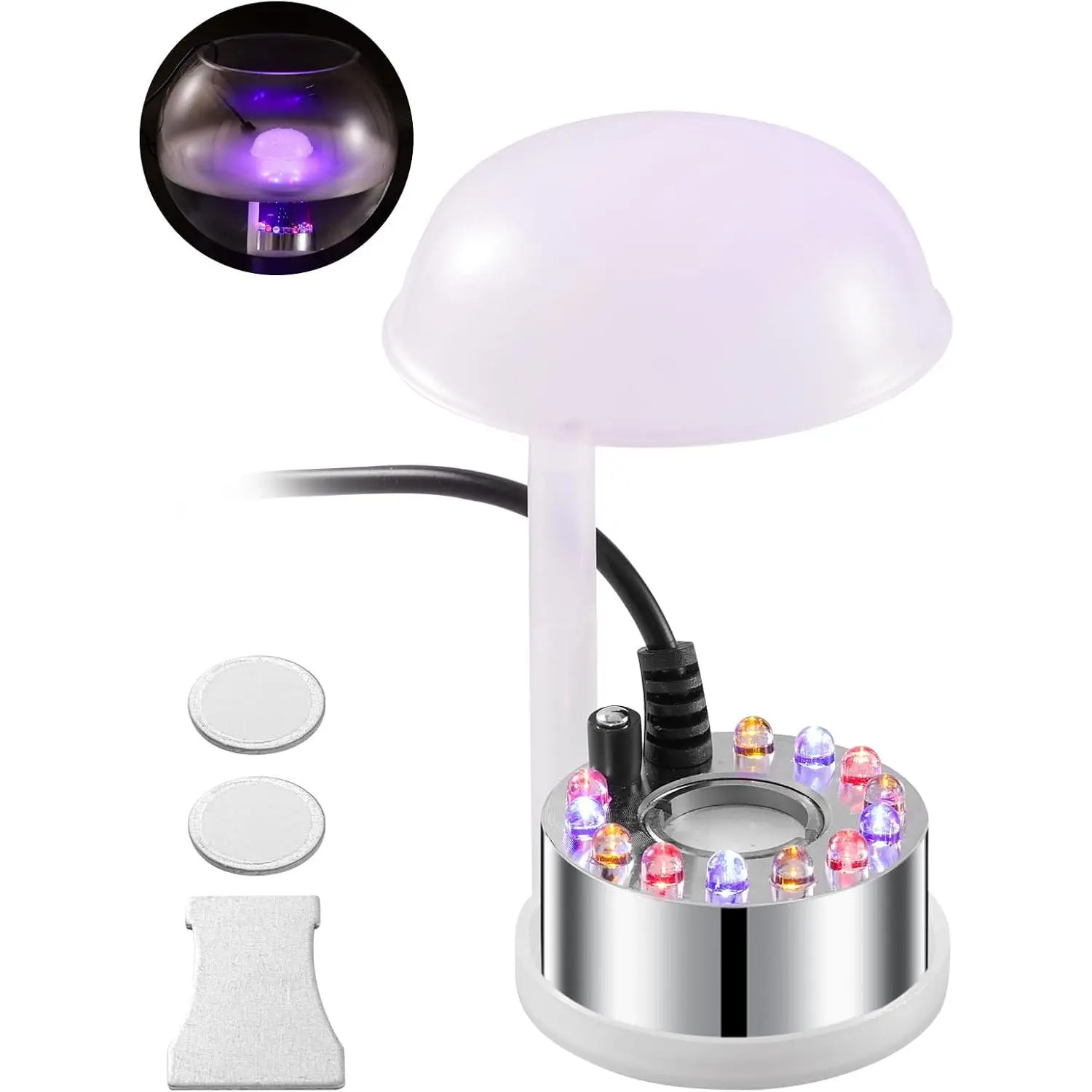 Mist Maker,12 LED Mister  Water Fountain Pond Fog Machine Atomizer Air Humidifier, Fountain Mister  with Splashing Guard  for Fountain Pond Halloween (Sliver)
