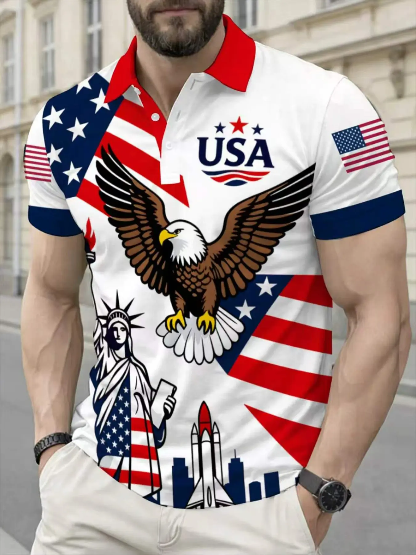 Usa Eagle Liberty Rocket Flag Print Polo Shirt, Collar American Casual Short Sleeve Top, Polyester Material, All Seasons Wear, Summer Polo Shirt