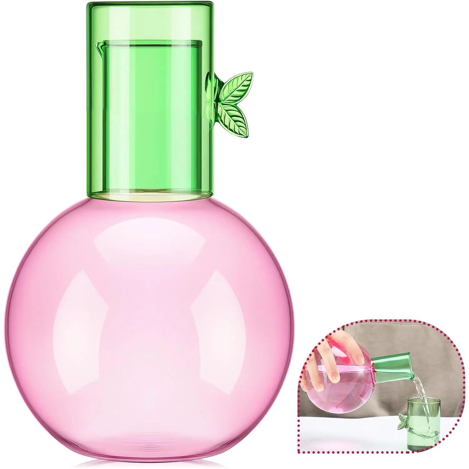 4.2 x 2.7 Inch Cute Glass Carafe Bedside Water Pitcher and Glass Cup Set 9.9 oz Compact Cherry Kettle for Bathroom Bedroom Bar Kitchen