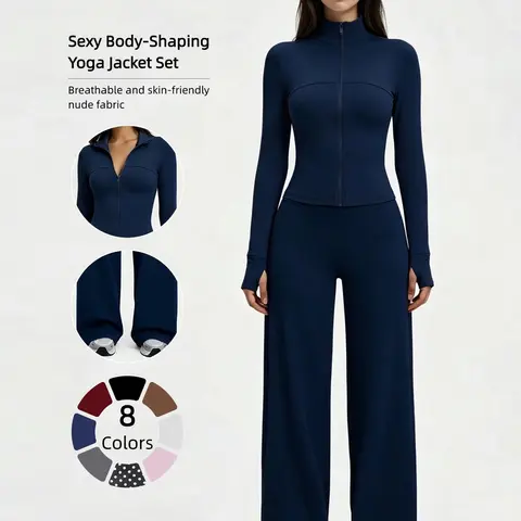 Yoga Set for Women, Casual Sport Set, Long Sleeve Fitted Jacket and High Waist Pants, Quick Dry Sportswear for All Seasons, Perfect for Gym & Daily Wear