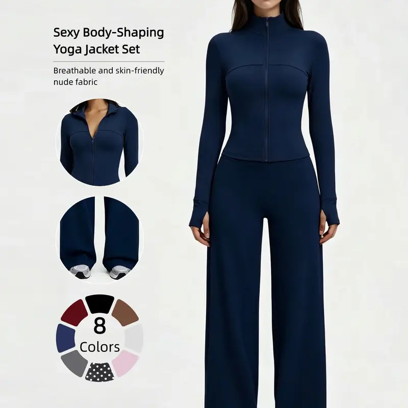 Yoga Set for Women, Casual Sport Set, Long Sleeve Fitted Jacket and High Waist Pants, Quick Dry Sportswear for All Seasons, Perfect for Gym & Daily Wear