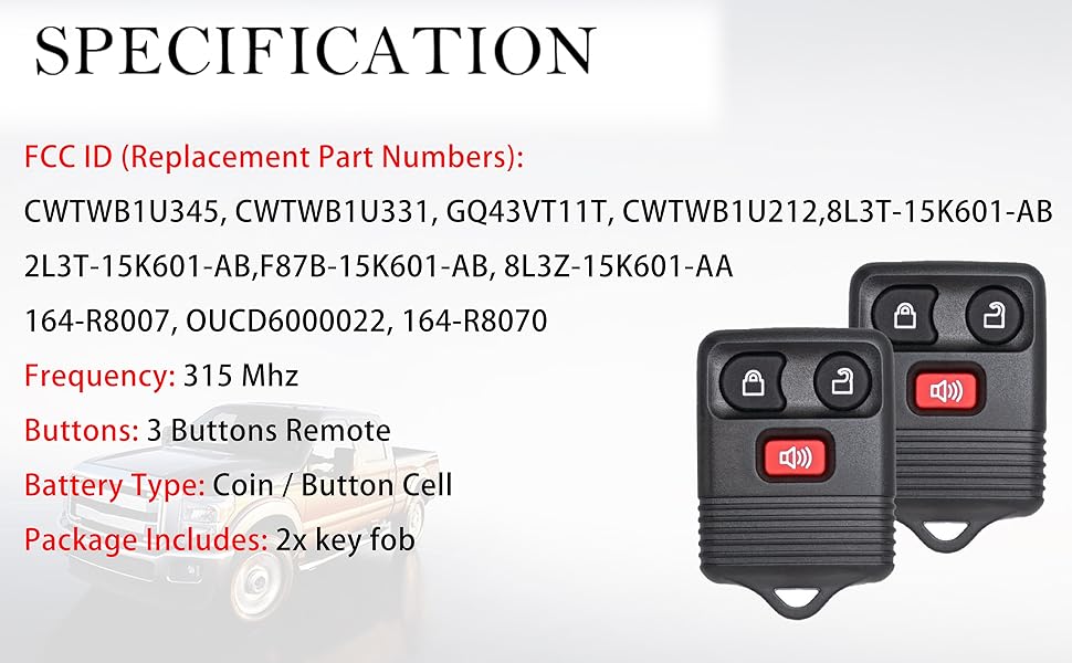 2 Key Fob Remote Replacement Fits for 1998-2016 Ford F150 F250 F350 Ranger Escape Explorer Focus E150 Expedition,Mazda,Lincoln MKZ MKX CWTWB1U345 CWTWB1U33 Keyless Entry Remote Control