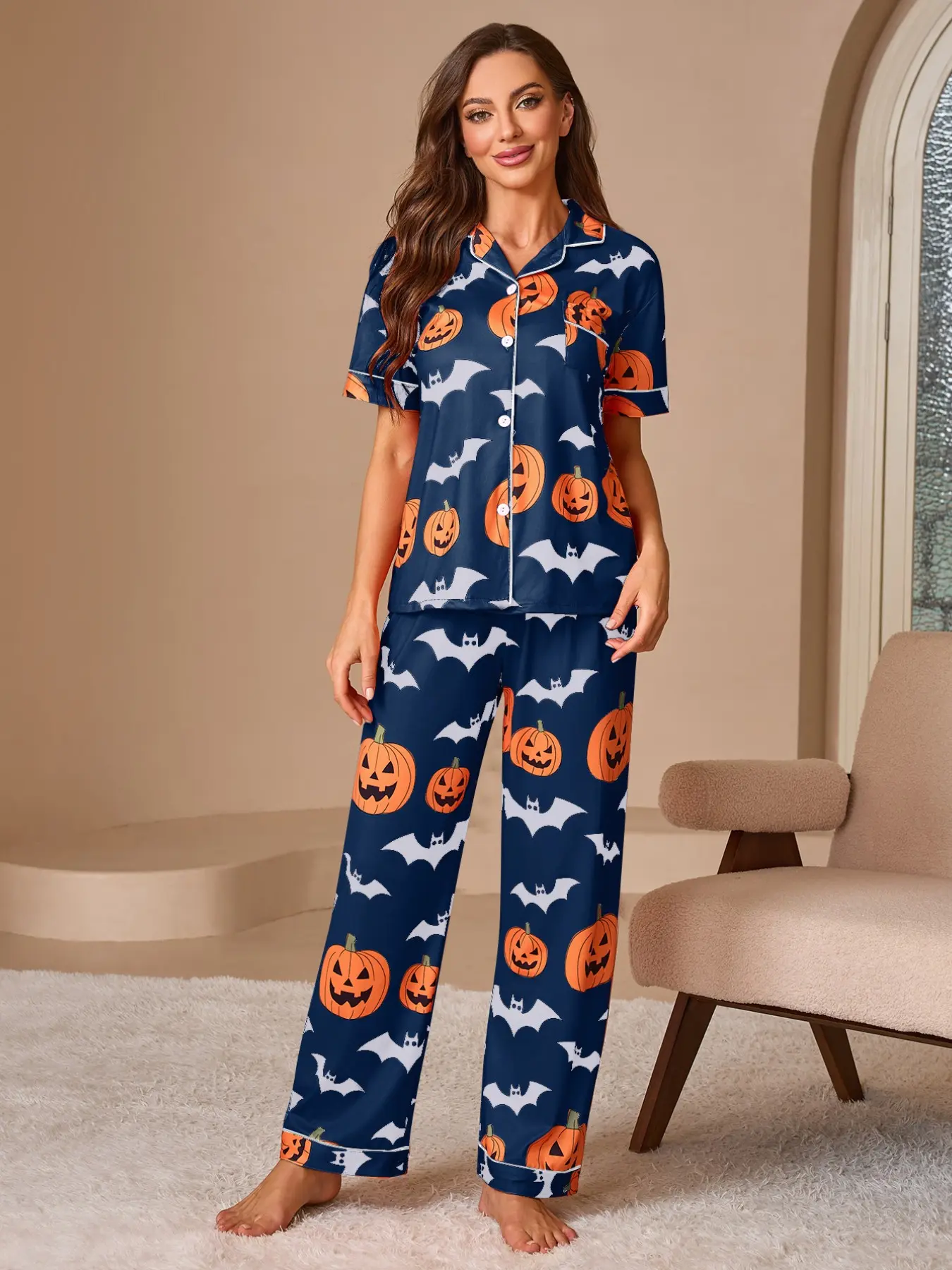 Women's Halloween Print Pajama Set, Casual Sleepwear Set, Fashion Short Sleeve Shirt and Long Pants, Loose-Fitting Casual Home Wear, Casual Home Loungewear, Fall & Winter
