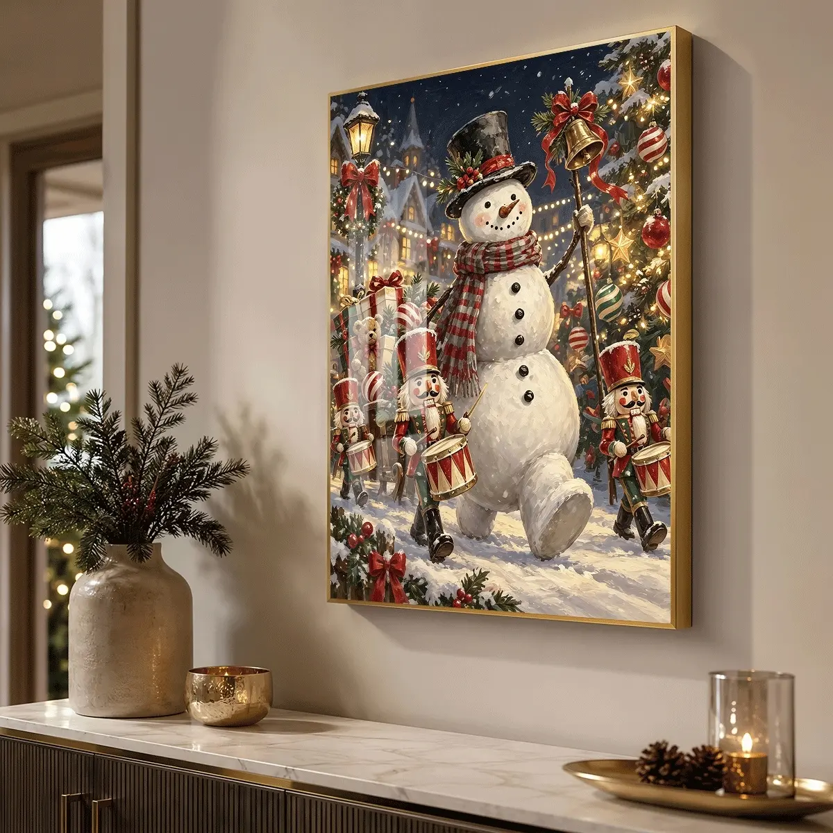 1pc Aluminum Alloy Frame Canvas, Christmas Snowman And Nutcrackers, Modern Decoration, Luxury Art Suitable For Living Room, Bedroom, And Corridor Wall Decor, Halloween And Christmas Gift.