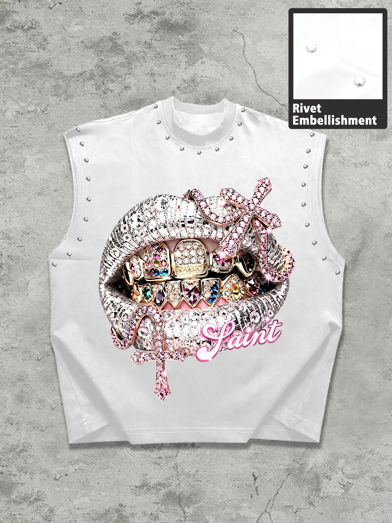 Summer Unisex Casual Vest, Diamond Cross Lip Print, Asymmetrical Design, Loose Fit Sleeveless Top, Streetwear, Comfortable