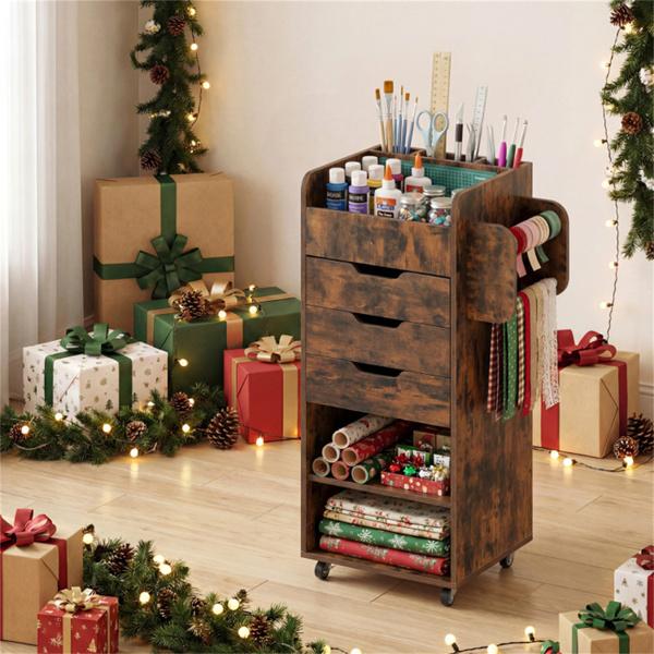 Rolling Craft Storage Cart with 3 Drawers & Adjustable Shelves, Mobile Wrapping Paper Organizer with Wheels