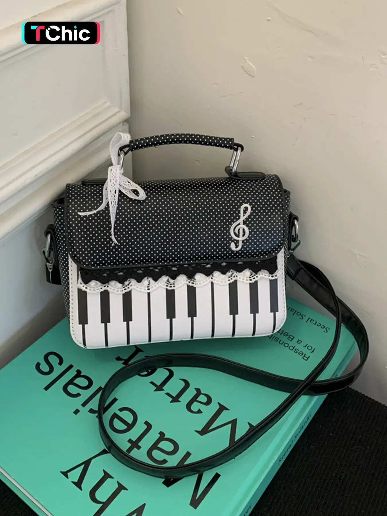 Trendy New Sweet Girl Polka Dot Piano Key Small Tote Bag Lace Bowtie Shoulder Bag Daily Casual Crossbody Bag For Ladies