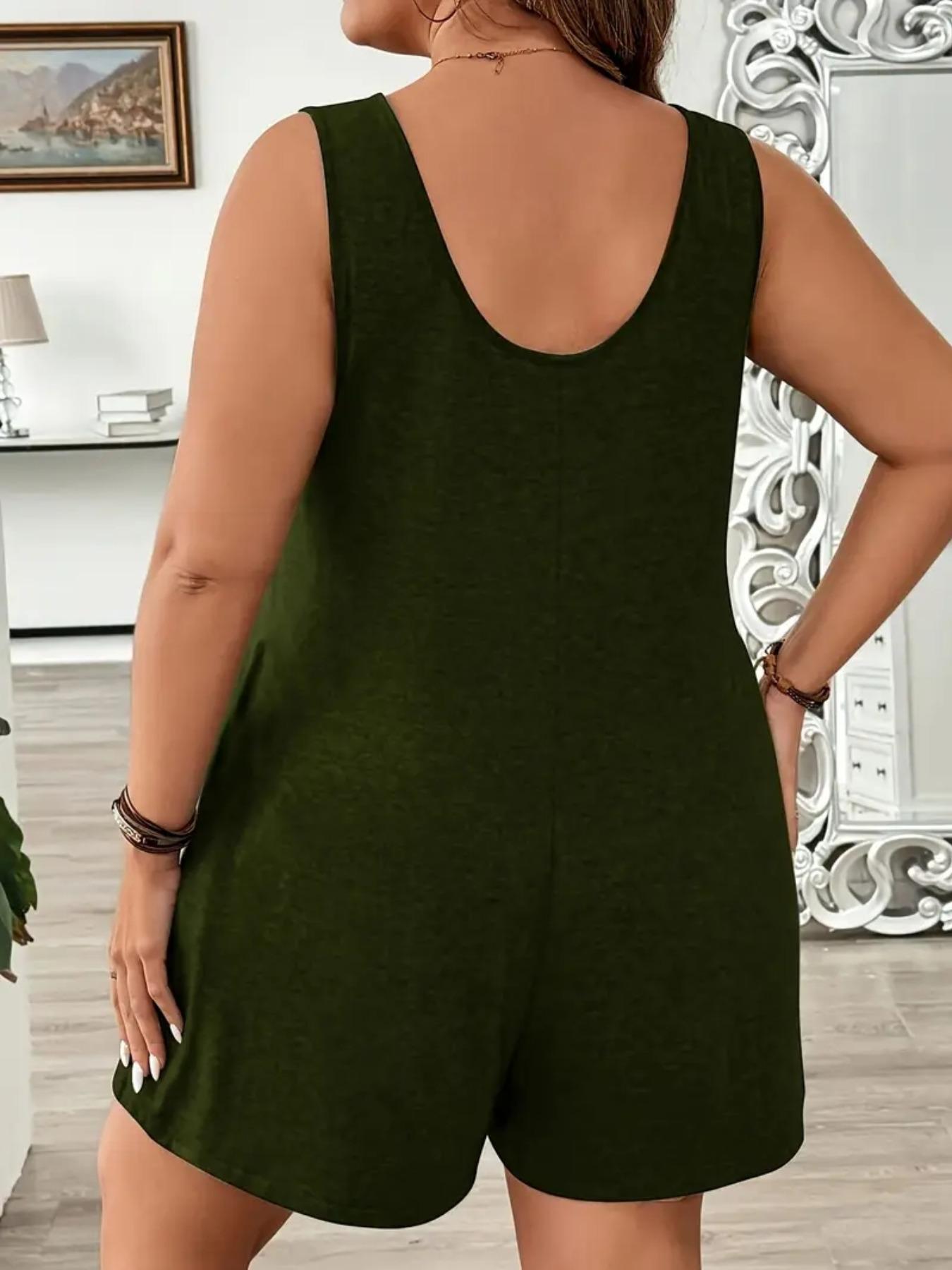 Plus Size Solid Color Sleeveless Fitted Romper, Elegant Casual Romper, Casual Comfy Romper for Summer, Women's Plus Clothing for Daily Wear, Basic, Casual Sleeveless Overalls, Womenswear