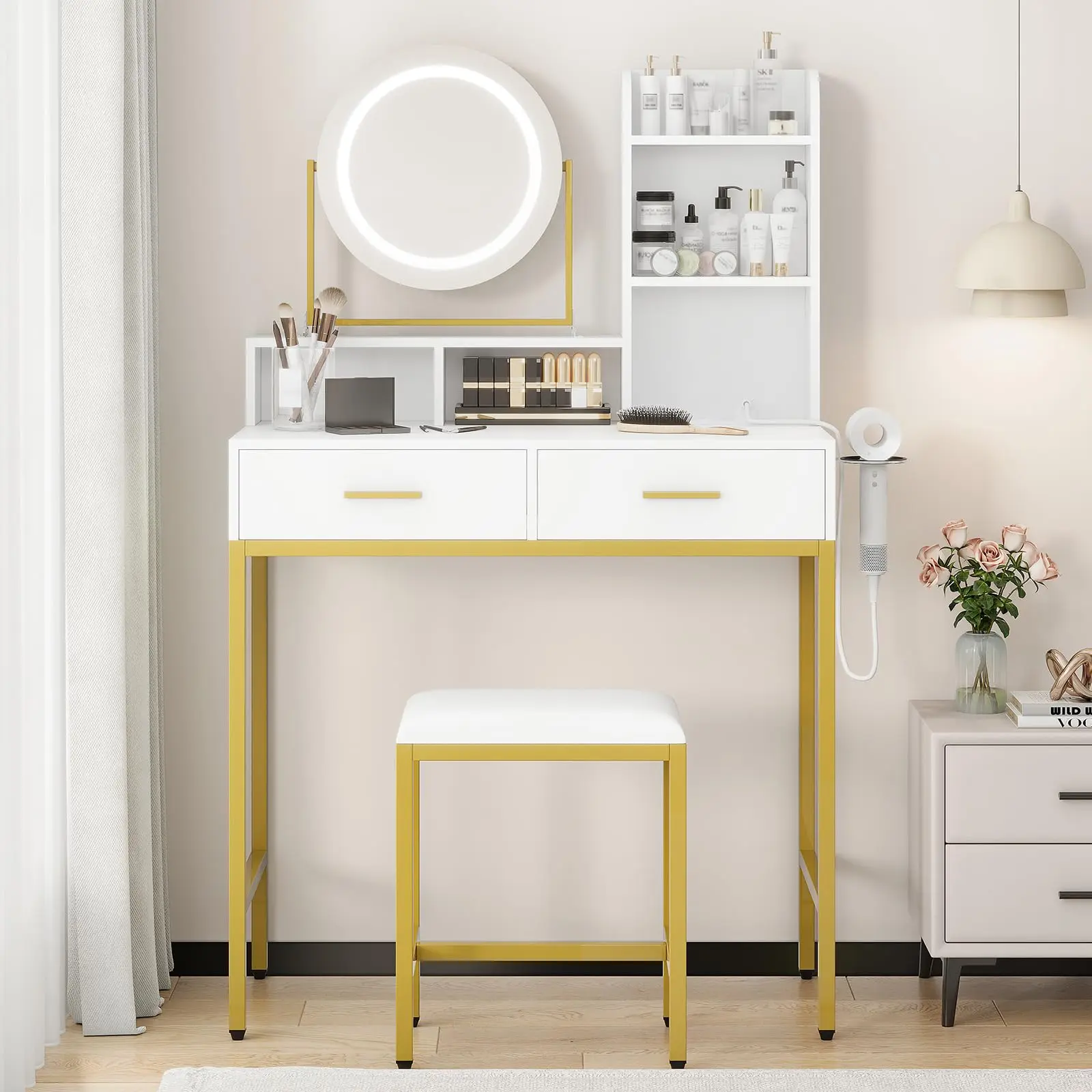 Modern Vanity Desk with Rotating Mirror - Power Outlet, USB Charging, 2 Drawers, Storage Shelves - Makeup Table with Stool for Bedroom - White