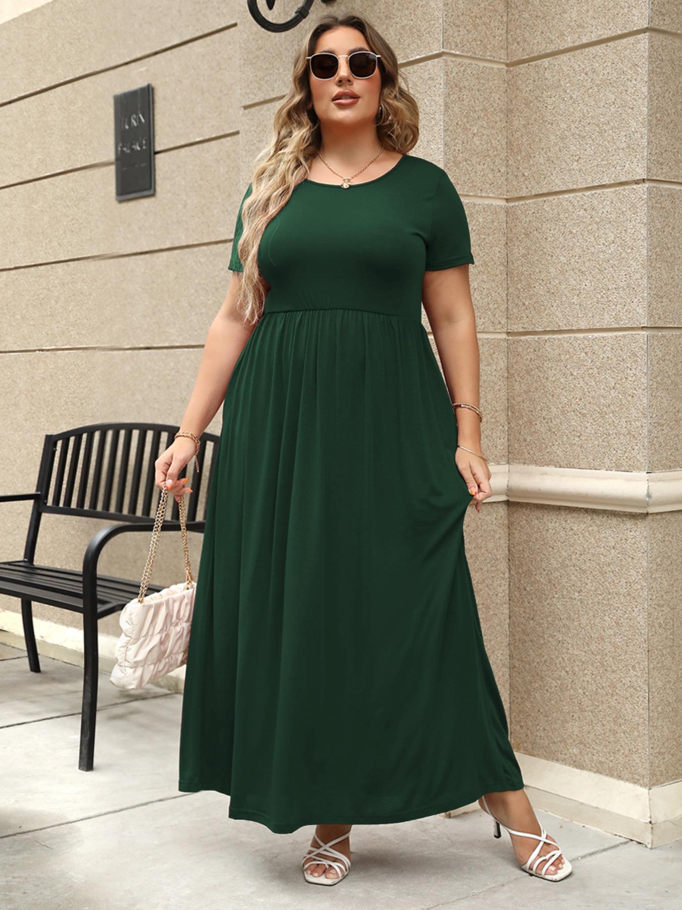 Women's Round Neck Stretchy Casual Long Plus Size Dress, Perfect for Bridesmaids, Vintage Style Wedding & Party Wear, Comfortable Fabric