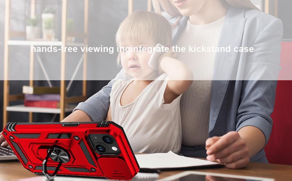 SunStory Compatible with iPhone 15 Case with HD Screen Protector & Slide Camera Cover & Rotated Ring Kickstand, [Military-Grade] Phone Case for iPhone 15,Red