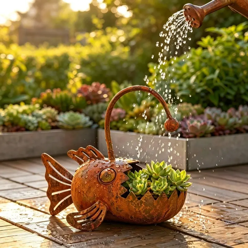Iron Art Lantern Fish-Shaped Flower Pot, Rusty Distressed Finish, Indoor/outdoor Decor, Succulent Planter, Garden Ornament