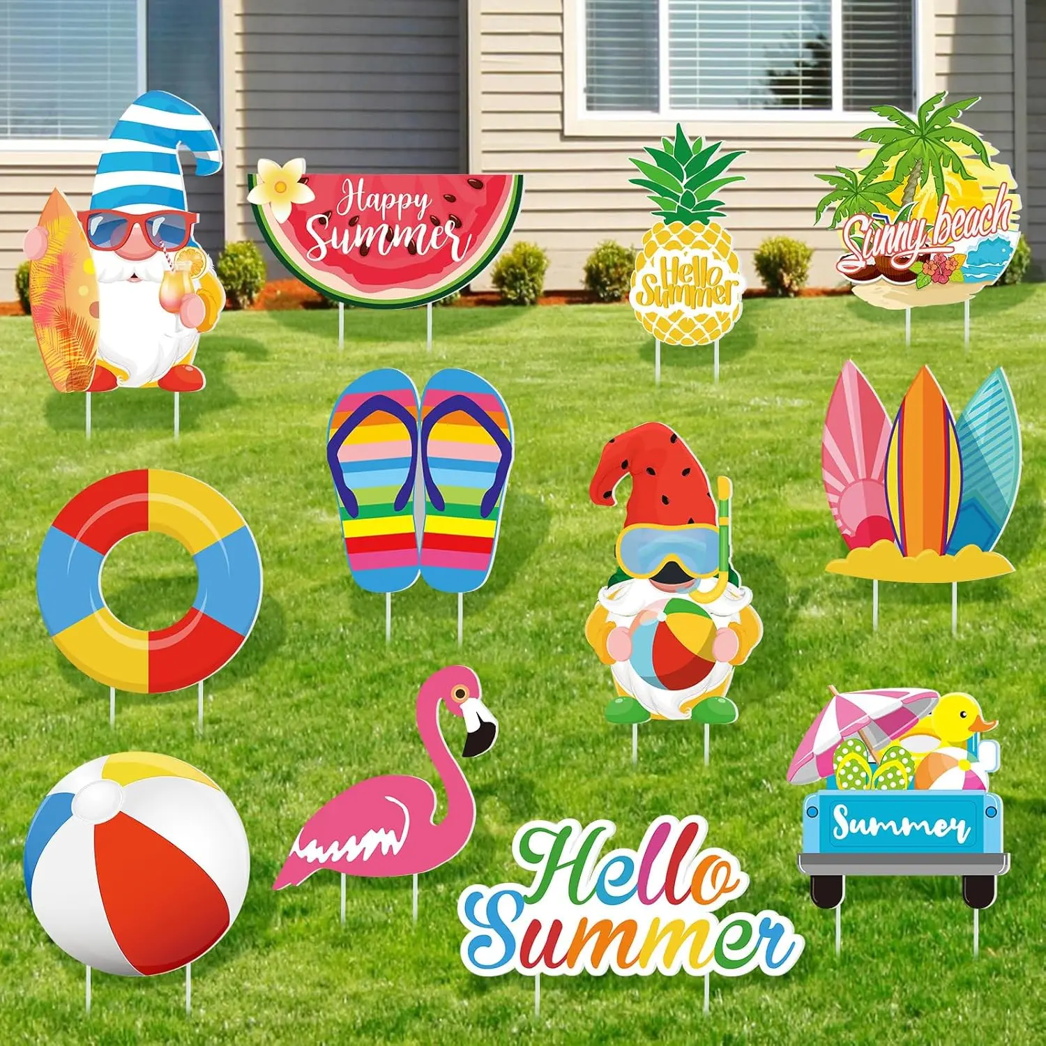 12 Pcs Summer Outdoor Yard Decorations Fun Garden Lawn Stake Signs with Gnome Watermelon Flamingo Pineapple Designs Waterproof Corrugated Plastic Decor for Patio Walkway Pool Party BBQ Events