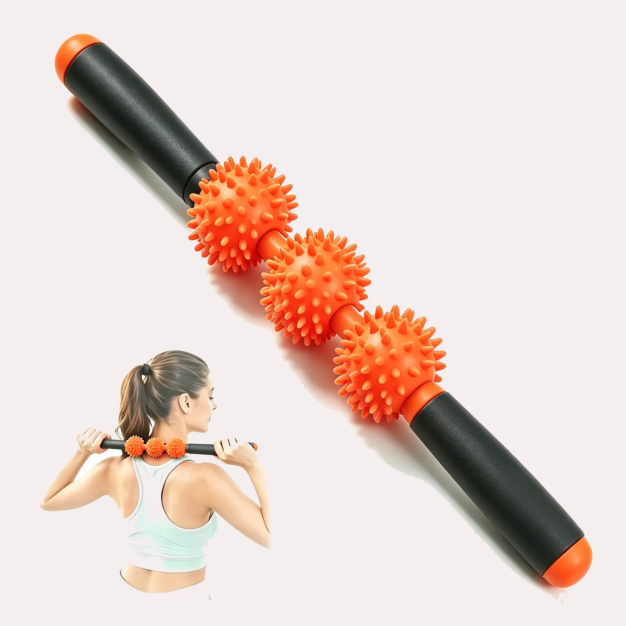 Three-ball spiky massage fascia stick in orange, muscle roller, cellulite massager, pressure muscle massage stick, massage tool, hedgehog massage stick, muscle relaxation tool, suitable for full-body massage to relieve muscle soreness.