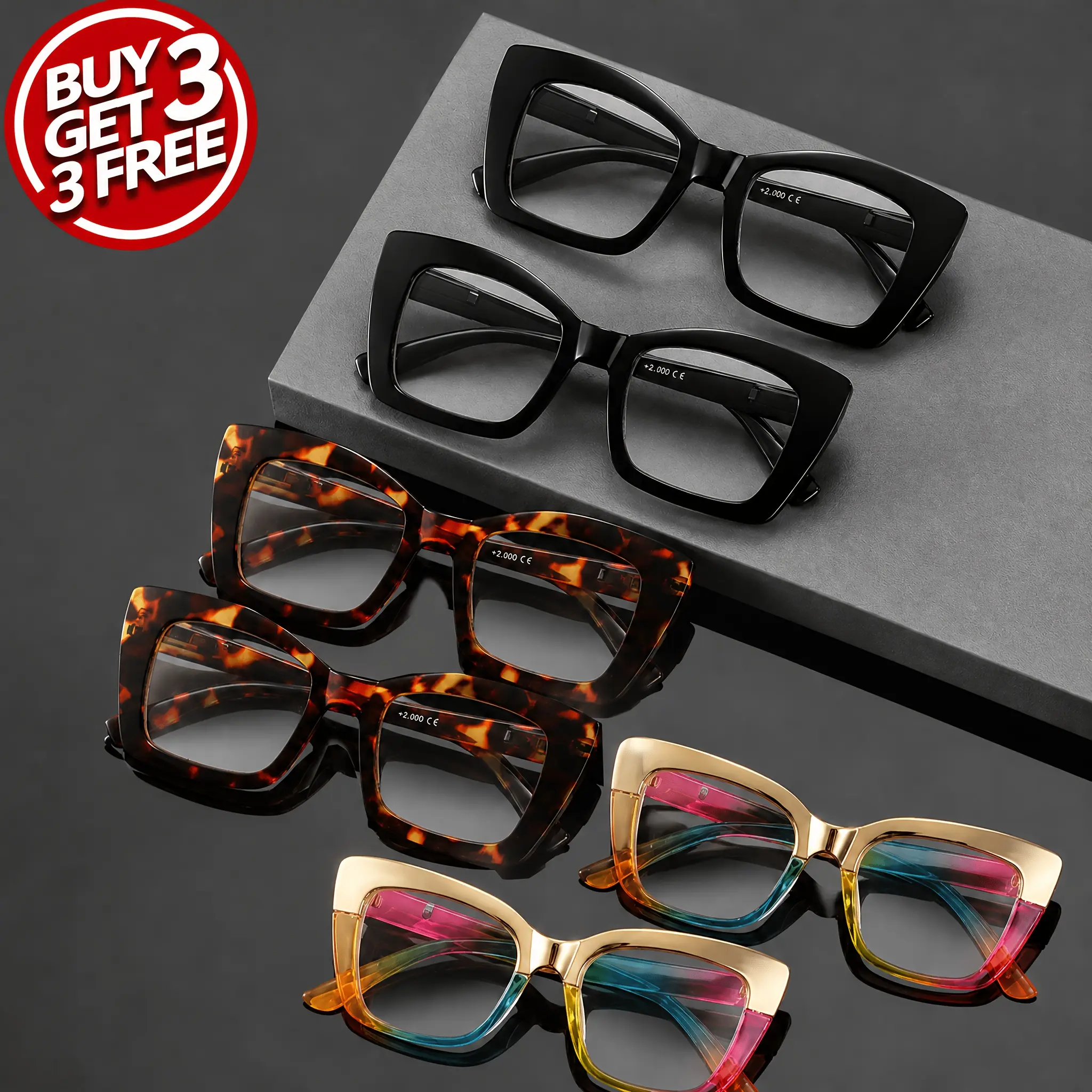 VIOLA MAG 6 Pack Oversized Cat Eye Reading Glasses for Women, Vintage Square Thick Frame Anti Blue Light Fashion Presbyopic Readers, Solid Black/ Tortoise Print/ Golden Rainbow Gradient Spliced Eyeglasses, Diopters +1.0 to +4.0