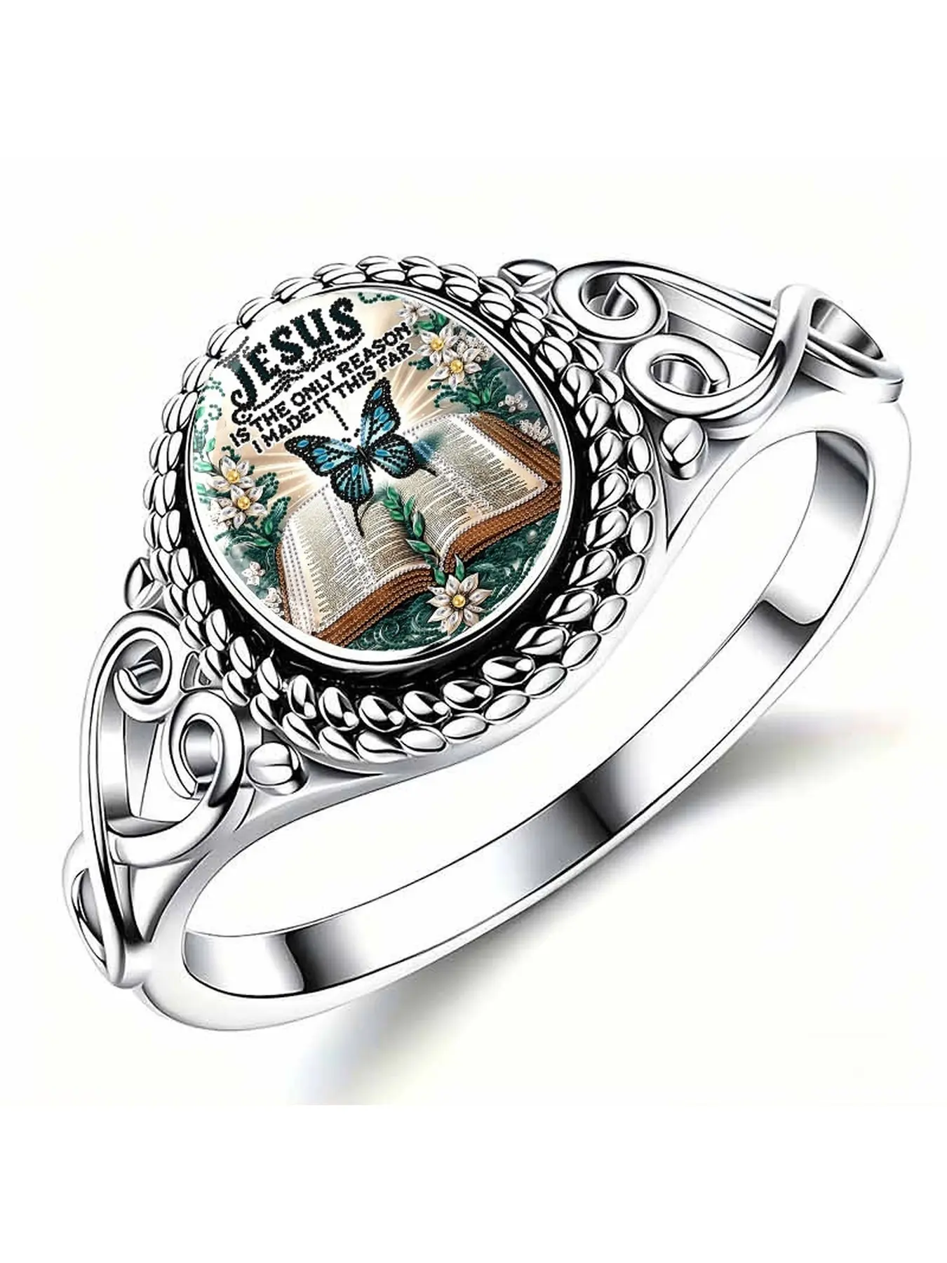 Vintage hollow-patterned round ring with lady design. Bible blue butterfly flower English slogan "JESUS" religious pattern jewelry. Inspirational words for Christian faith. Retro daily gift decoration jewelry.