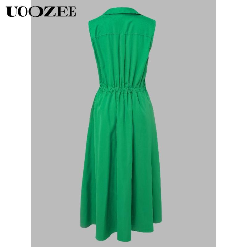 UOOZEE Women's Sleeveless Solid Color Lapel Long Dresses Midi Dresses Long-sleeved Loose Solid Color Lapel Mid-length Dress with Small Waist and Bust, One Size Up Recommended for C - Cup and Above
