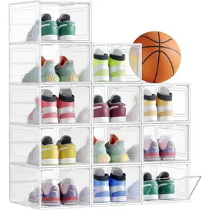 Shoe Boxes, Set of 12, Clear Plastic Shoe Storage, Stackable Sneaker Box, Drop Front Door, Up to  Size 11, Easy Assembly, 13 x 9.8 x 7.1 Inches, Transparent White ULSP032W12