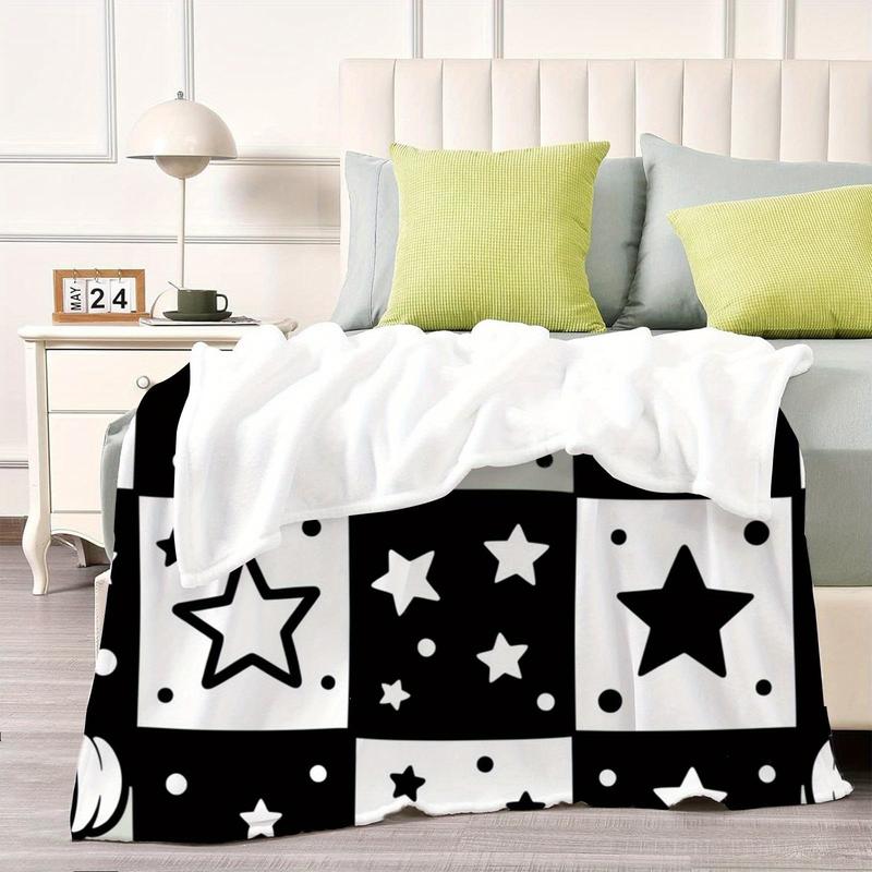 Comfortable Black & White Star Print Flannel Blanket - Soft Year-Round Bedspread with White Polka Dots and Large Gray Stars, Cozy Bedding for Movie Nights and Rooms - Thick Durable Fabric (No Embellishments)
