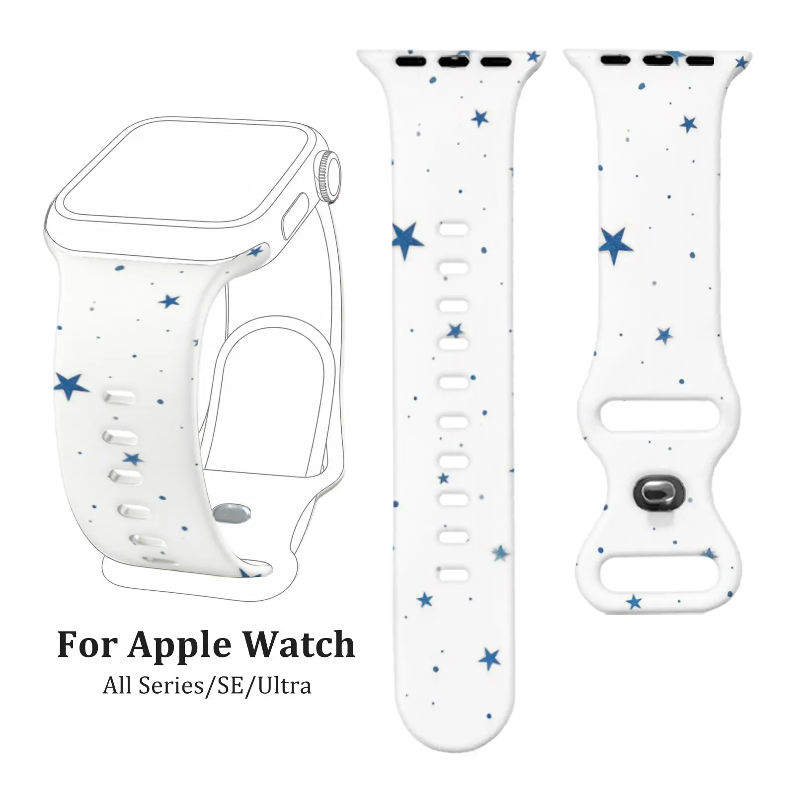 White Blue Star Silicone Band for Apple Watch Series 4/5/6/7/8/9/10, SE1/2, Ultra1/2/3 – Cute Galaxy Sport Strap for Women Men, Lightweight Soft Wristband for Daily Wear, Travel, Gym & Casual Style