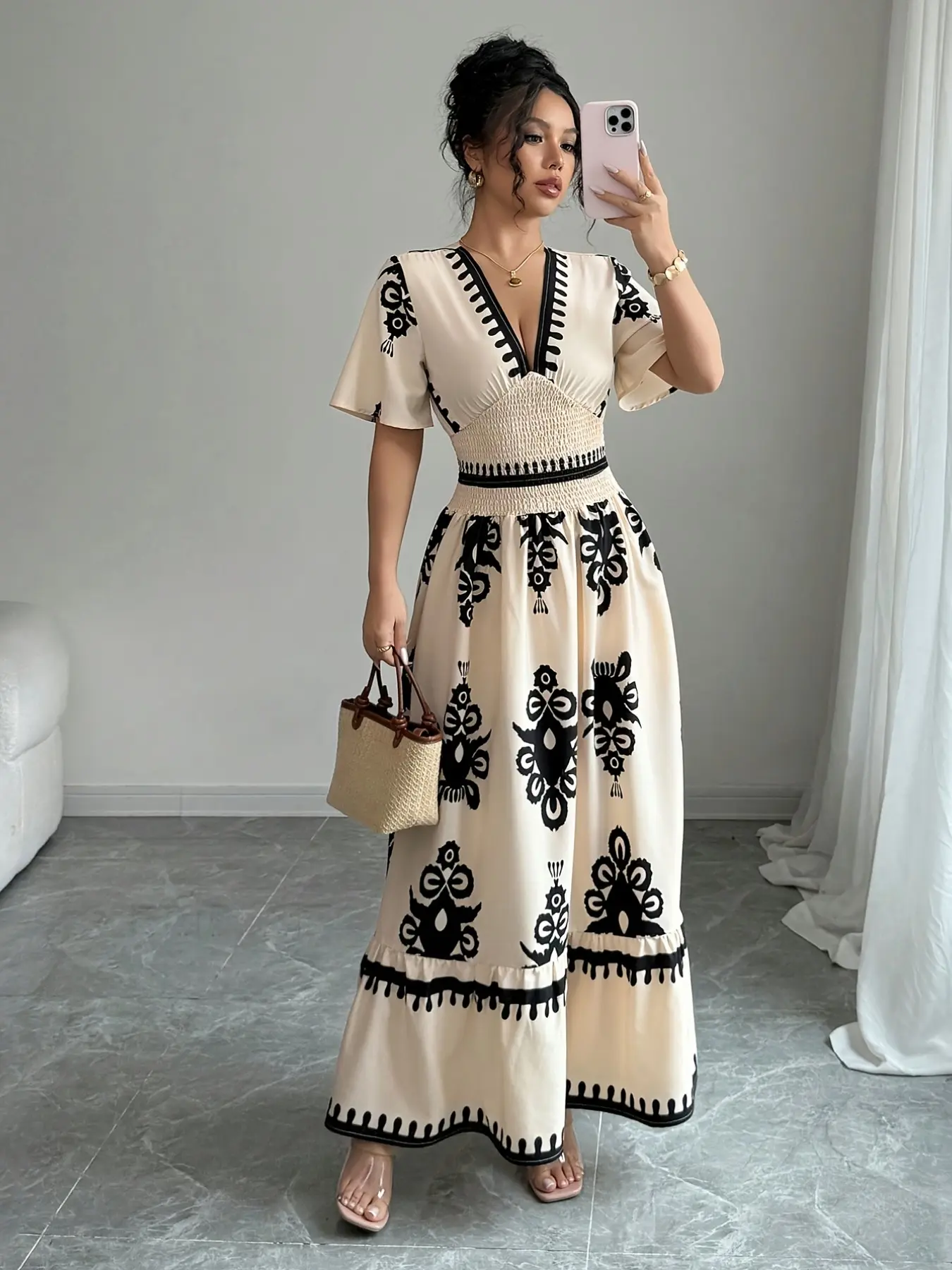 Women's Printed V-Neck Maxi Dress – Bohemian Casual Chic A-Line Style, Perfect for Summer Beach Vacations; Features a Smocked Waist for a Slimming, Flattering Fit.