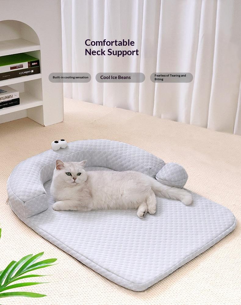 Cooling Cat Bed with Pillow, Breathable Ice Silk Pet Sofa for Indoor Cats, Orthopedic Support Dog Bed with Cute Cartoon Design, Washable Summer Pet Mat for Kitten Puppy