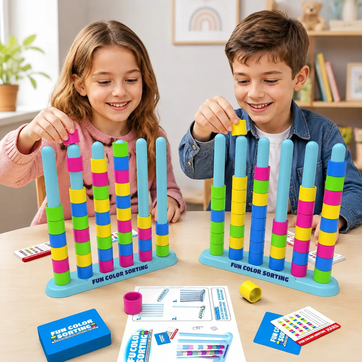 Educational Toy, Color Sorting Ring Game, Stem Early Learning, Cognitive, Focus and Logic Training, Desktop Interactive Toy, Gift for Boys and Girls, Ages 3-8, 50 Challenge Cards