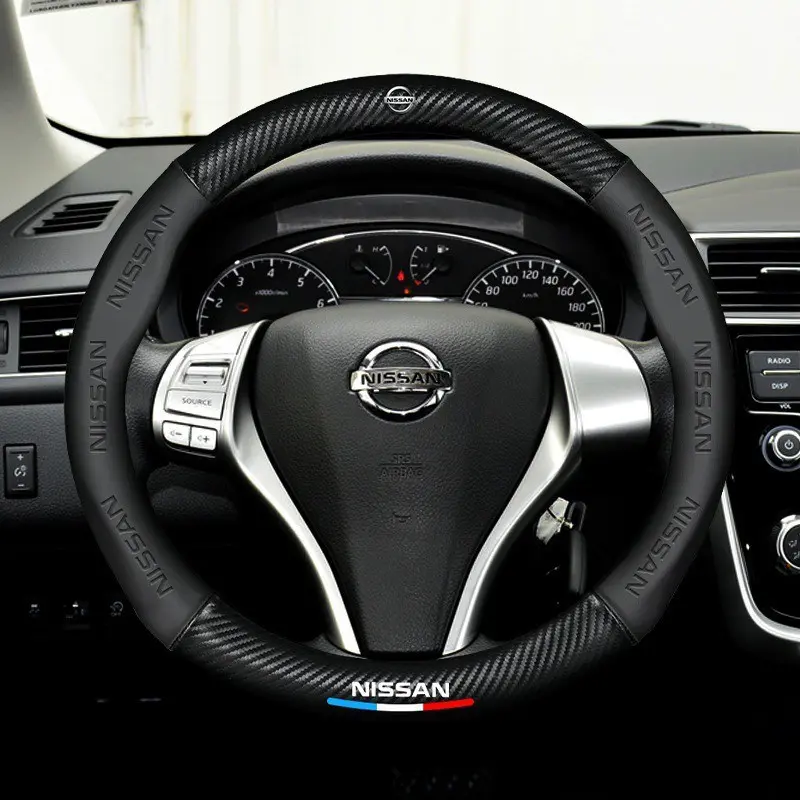 38cm Anti-Slip Car Carbon Fiber Leather Steering Wheel Cover for Nissan Qashqai Juke X-Trail Patrol Note Leaf Altima Micra Murano Rogue Pulsar Sentra Teana Tiida Auto Accessories