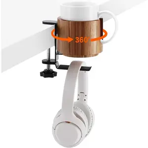 Desk Cup Holder, 2 in 1 360 Rotating Headphone Hanger Under Desk, 360 Anti-Spill Cup Holder, Table Cup Holder for Water Bottles, Gaming Desk Accessories - Acacia
