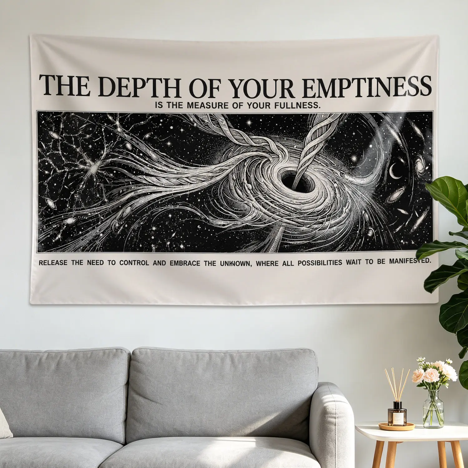 Polyester Black Hole Galaxy Print Wall Tapestry with Philosophy Quote - Large Horizontal Colorfast Hanging Decoration, No-Installation Wall Decor Room Decorations for Living Room, Bedroom Gift Idea