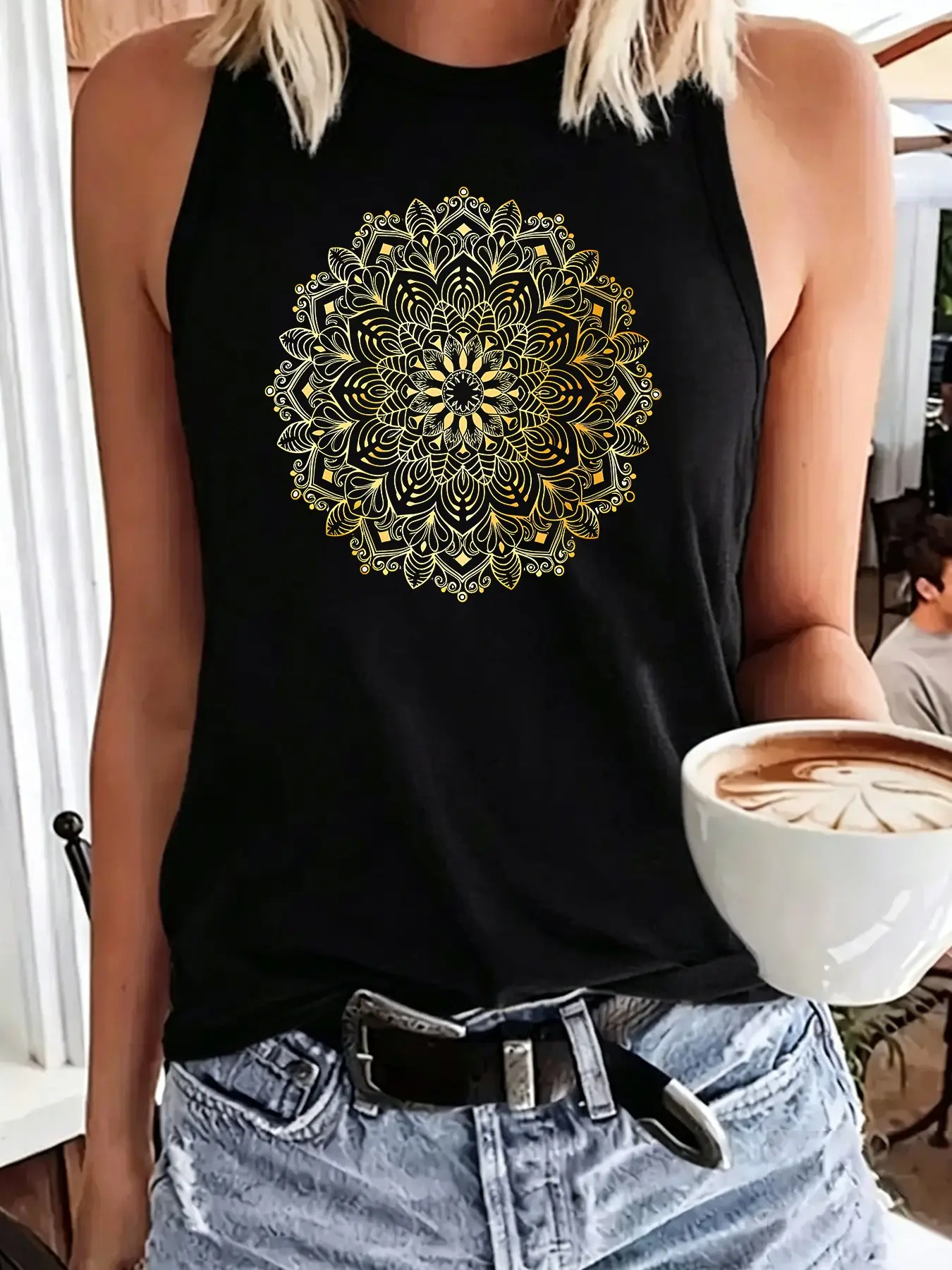 Women's Fashion Gold Mandala Print Sleeveless Tank Top, Casual Summer Backless Vest, Lightweight Fabric, Perfect for Leisure and Vacation Wear