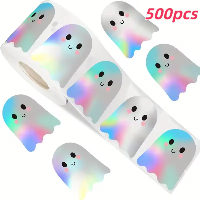 500pcs Halloween Stickers Roll, Laser Ghost Holographic Self-Adhesive Paper Stickers, Waterproof DIY Flashing Stickers for Party Decorations