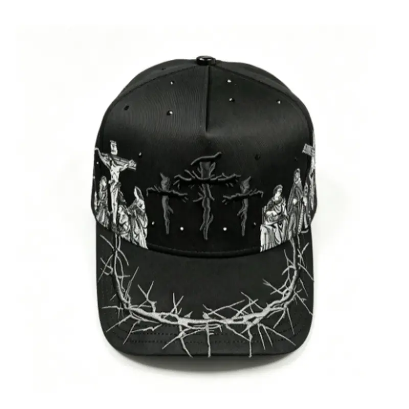 2026 Men’s Black Gothic Baseball Cap with White Embroidery & Thorn Detail – Stylish Streetwear Snapback Hat