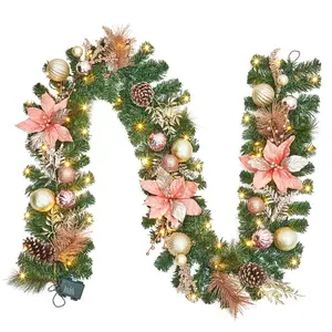 Garvee Prelit Christmas Garland for Mantle, 9 Ft Battery Operated Xmas Garland with 40 LED Lights Ball Ornaments Poinsettias for Fireplace Front Door Stairs Railing Indoor Outdoor Decor