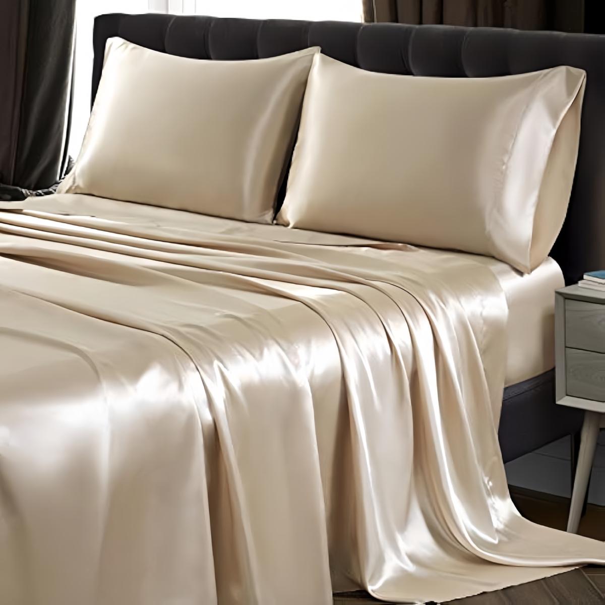 Solid Color Satin Bedding Set, 3/4 Counts Includes 1 Flat Sheet, 1 Fitted Sheet, and 1/2 Pillowcase without Filler, Soft Mattress Protector, Room Accessories, Satin Bed Sheets